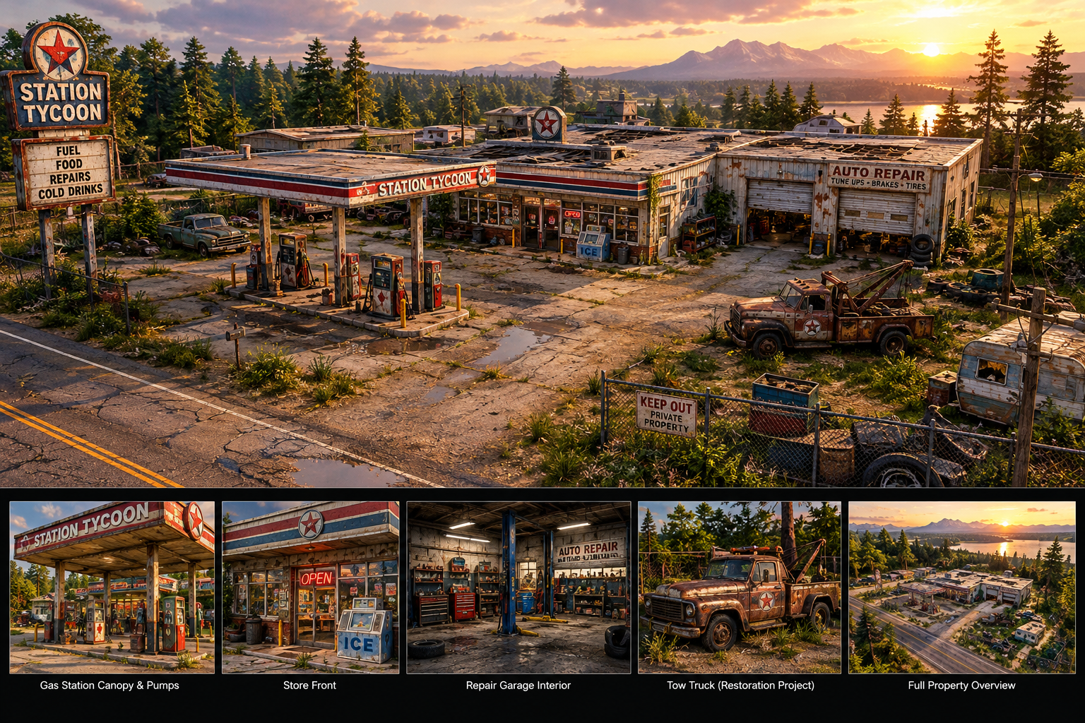 Concept art of a weathered roadside gas station, convenience store and repair garage at sunset